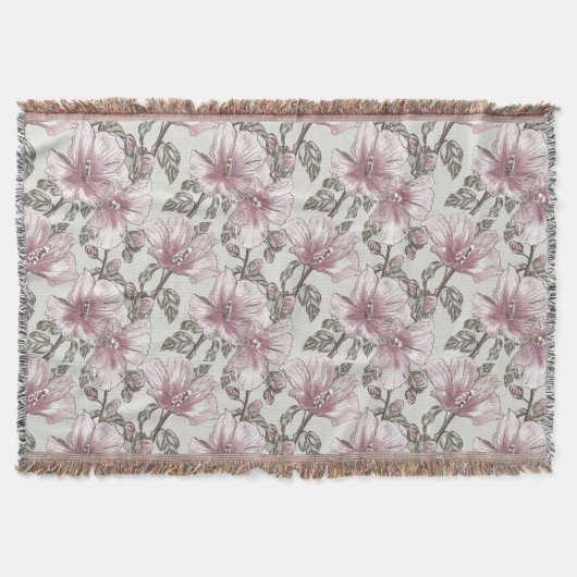 ミュートピンクハイビスカス花柄 スローブランケット (正面)