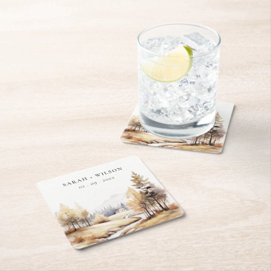 ミュート水彩秋秋の風景結婚ズ スクエアペーパーコースター (インサイチュ)