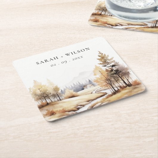 ミュート水彩秋秋の風景結婚ズ スクエアペーパーコースター (アングル)