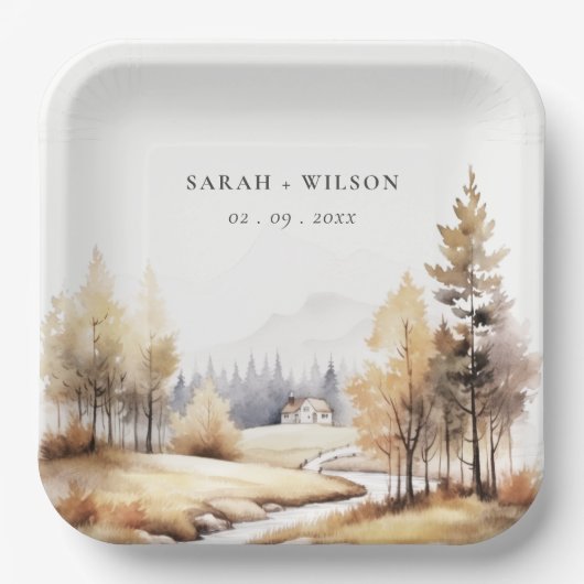 ミュート水彩秋秋の風景結婚ズ ペーパープレート (正面)