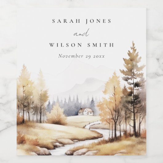 ミュート水彩秋秋の風景結婚ズ ワインラベル (シングルラベル)