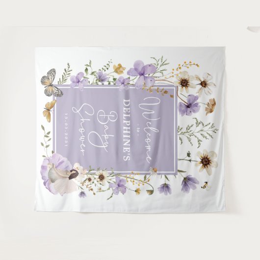 ミュート紫のワイルドフラワー妖精の赤ちゃんシャワーへようこそ タペストリー (正面(横))