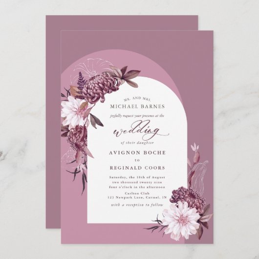 ミュート紫の塵の紫のフローラアー結婚チ 招待状 (正面/裏面)