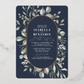 ミュート緑の楕円形ダークネイビー結婚ズバラ金ゴールド 箔招待状 (正面)