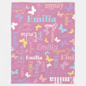 ミュート虹の蝶の名前をカスタムするエミリアピンク フリースブランケット (正面)