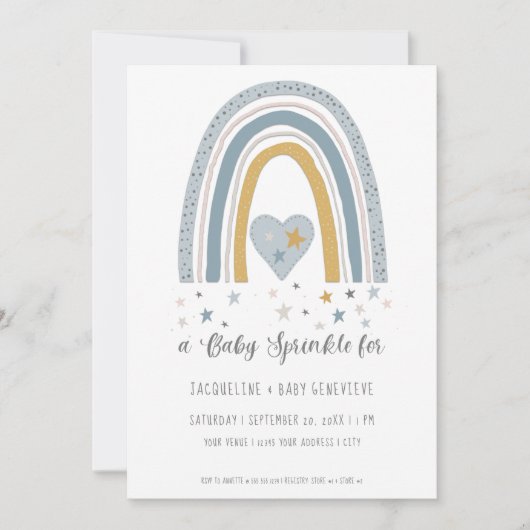 ミュート虹ほこりっぽい青金ゴールド男の子ベビーシャワー 招待状 (正面)