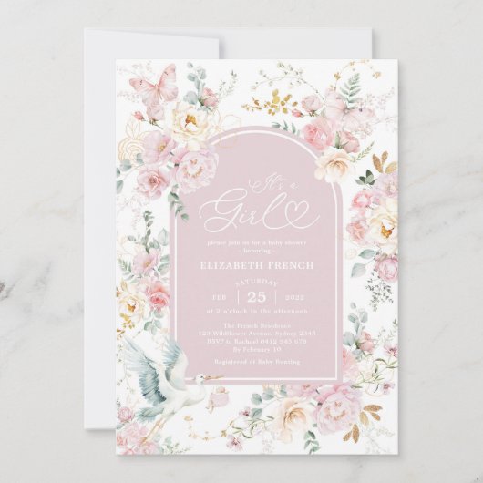 ミュート赤面コウノトリ山花ベビーガールシャワー 招待状 (正面)