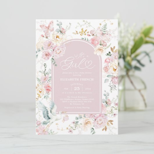 ミュート赤面コウノトリ山花ベビーガールシャワー 招待状 (スタンド正面)
