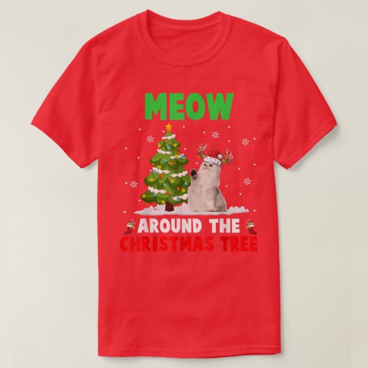 ミョーのまわりにクリスマスツリーサンタトナカイ猫 Tシャツ (デザイン正面)