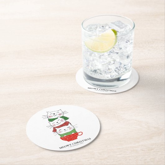 「ミョーイ」クリスマス、3匹の猫がスカーフおもしろいが可愛い ラウンドペーパーコースター (インサイチュ)