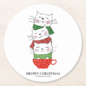 「ミョーイ」クリスマス、3匹の猫がスカーフおもしろいが可愛い ラウンドペーパーコースター (正面)