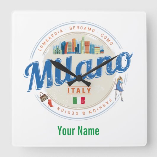 ミラノスカイラインイタリアヴィンテージファッションロンバルディ スクエア壁時計 (正面)
