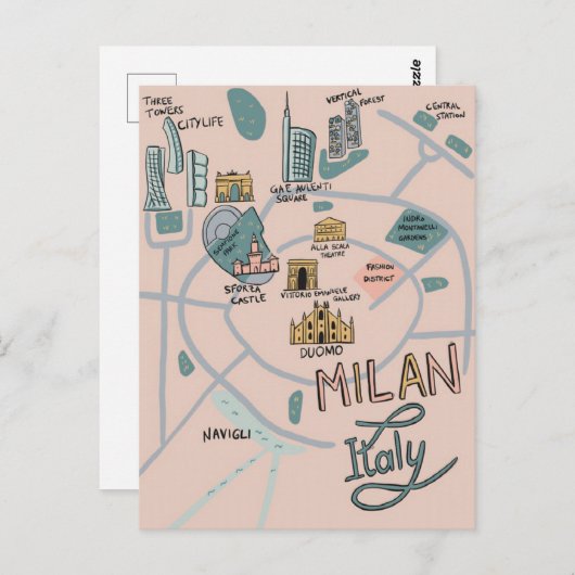 ミラン図解入りの、写真付きのシティの地図 – イタリア ポストカード (正面/裏面)