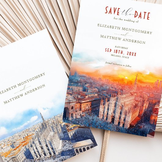 ミラン救デュオモ鮮やかデイト水彩夕日 招待状