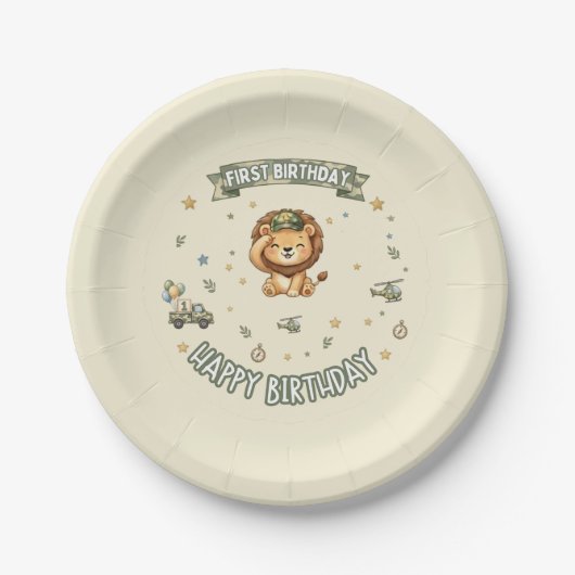 ミリタリーライオン1歳の誕生日紙皿 ペーパープレート (正面)