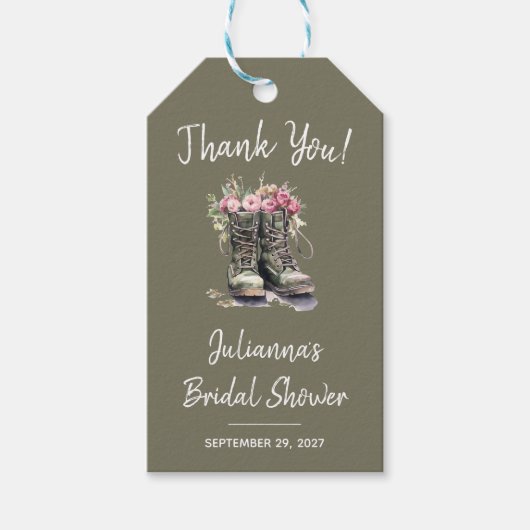 ミリタリー テーマのブライズ シャワー、ブーツ、花、軍 ギフトタグ (正面)