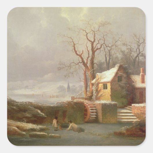 ミルとコテージの雪のシーン スクエアシール (正面)