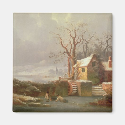 ミルとコテージの雪のシーン マグネット (正面)