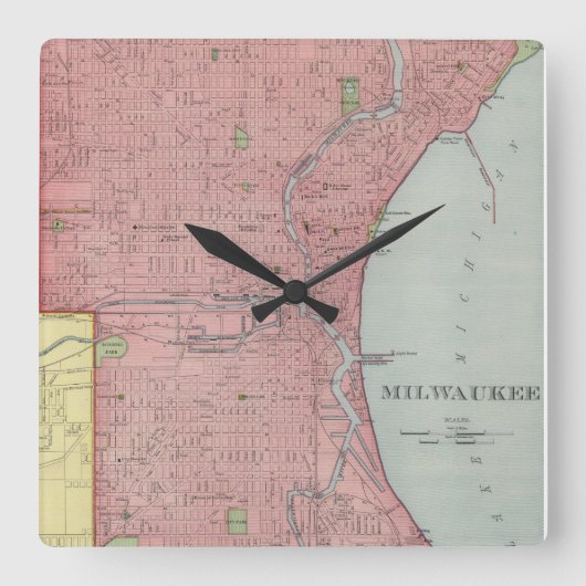 ミルウォーキーウィスコンシン(1903年)のヴィンテージの地図 スクエア壁時計 (正面)
