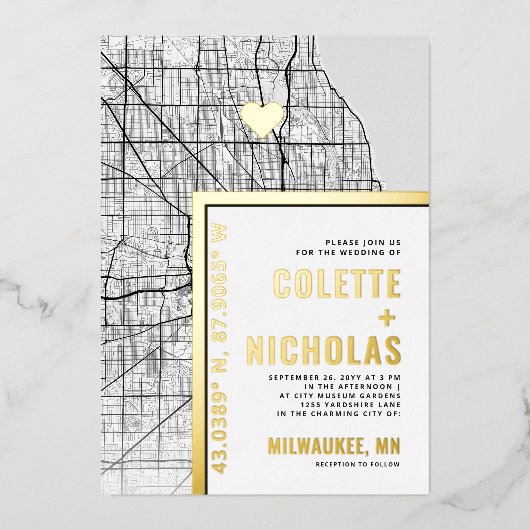 ミルウォーキーラブロケーター |シティテーマ結婚の 箔招待状 (正面)