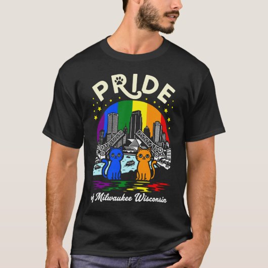 ミルウォーキー市ウィスコンシン州猫レインボーフラ Tシャツ (正面)