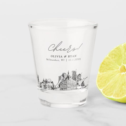 ミルウォーキー結婚式の引き出物パーソナライズされた応援 ショットグラス (正面)