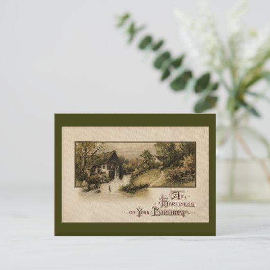 ミルウォーターホイールヴィンテージ誕生日 ポストカード (スタンド正面)