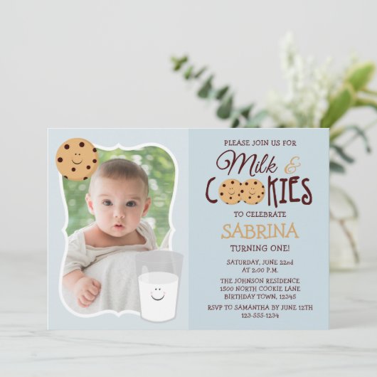 ミルクおよびクッキーの写真の誕生日の招待状 招待状 (スタンド正面)