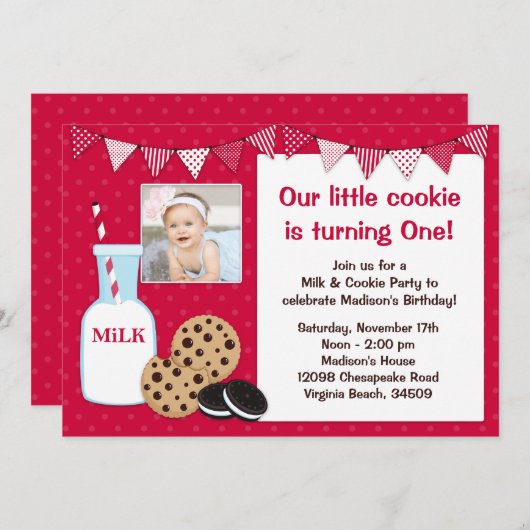 ミルクおよびクッキーの誕生日のパーティの招待状 招待状 (正面/裏面)