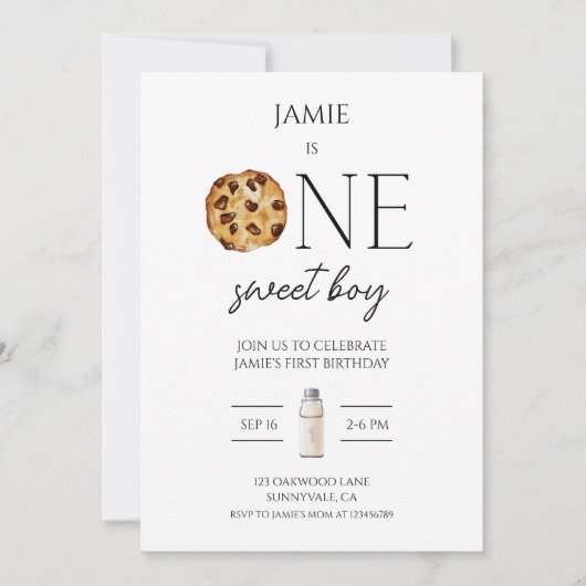 ミルクとクッキーのスウィートワンボーイ誕生日招待状 招待状 (正面)
