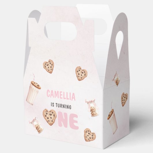 ミルクとクッキーのピンクの最初の誕生日パーティー フェイバーボックス (オープン)