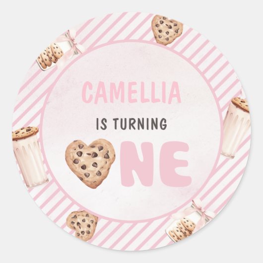 ミルクとクッキーのピンクの最初の誕生日パーティー ラウンドシール (正面)