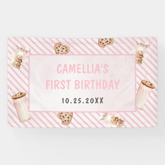 ミルクとクッキーのピンクの最初の誕生日パーティー 横断幕 (横)