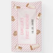 ミルクとクッキーのピンクの最初の誕生日パーティー 横断幕 (縦)