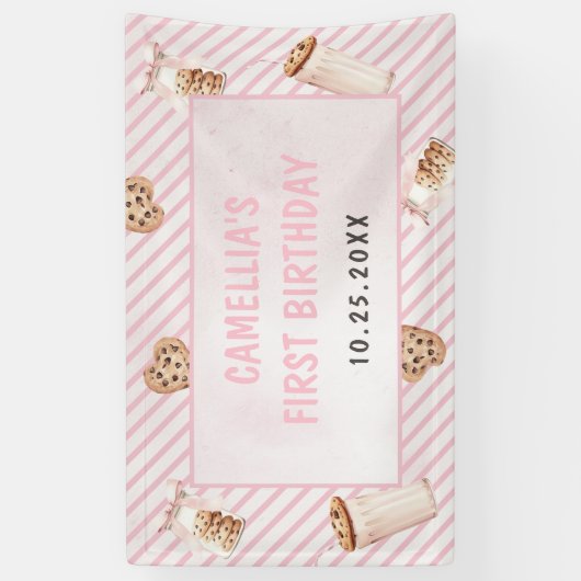 ミルクとクッキーのピンクの最初の誕生日パーティー 横断幕 (縦)