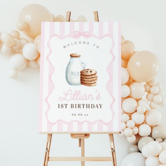 ミルクとクッキーのピンクの誕生日パーティー歓迎サイン ポスター
