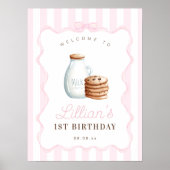 ミルクとクッキーのピンクの誕生日パーティー歓迎サイン ポスター (正面)