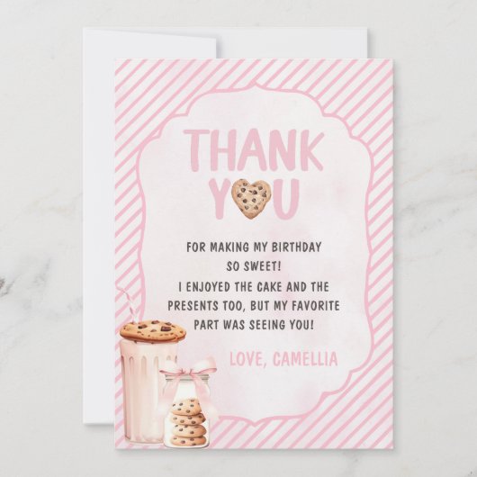 ミルクとクッキーのピンクの誕生日パーティー サンキューカード (正面)