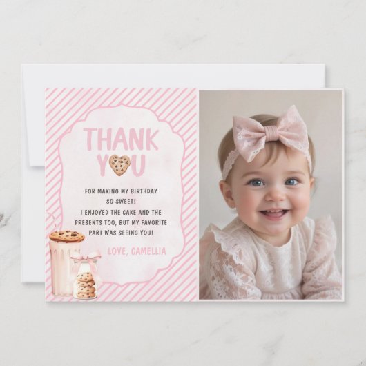 ミルクとクッキーのピンクの誕生日写真 サンキューカード (正面)
