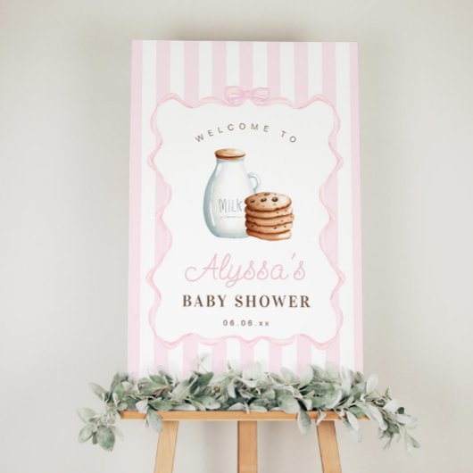 ミルクとクッキーのピンクの赤ちゃんシャワー歓迎サイン ポスター