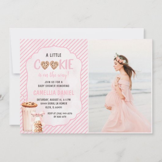 ミルクとクッキーのピンクの赤ちゃん女の子シャワーパーティー写真 招待状 (正面)