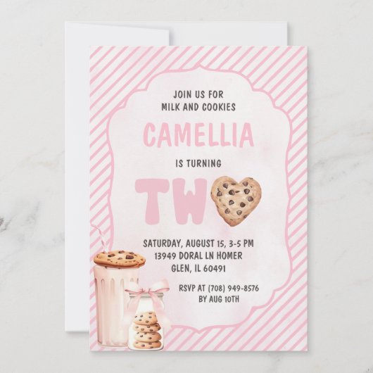 ミルクとクッキーのピンクの2番目の誕生日パーティー 招待状 (正面)