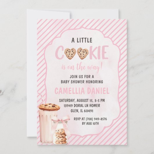 ミルクとクッキーのピンクベビーガールシャワーパーティー 招待状 (正面)