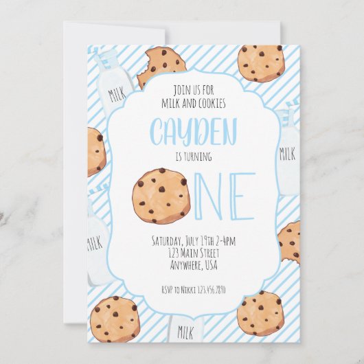 ミルクとクッキーのブルーボーイファースト誕生日 招待状 (正面)