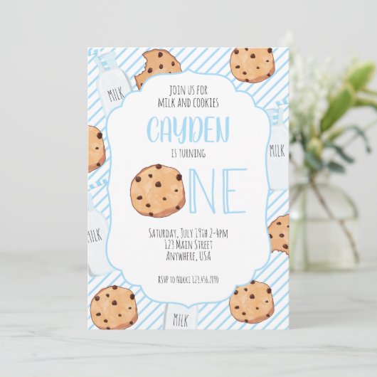 ミルクとクッキーのブルーボーイファースト誕生日 招待状 (スタンド正面)