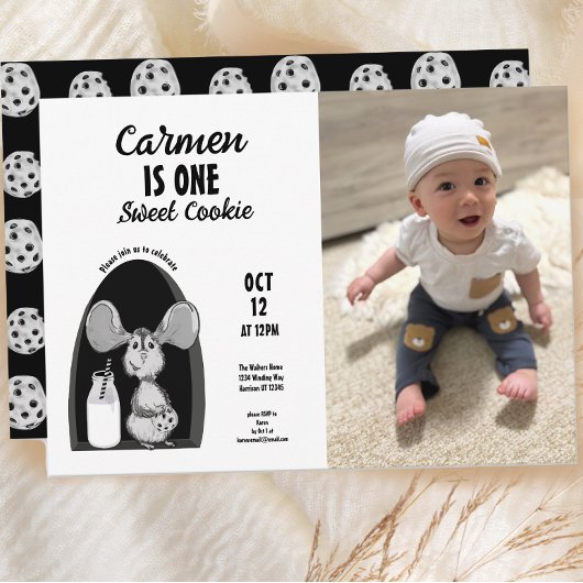 ミルクとクッキーのマウススイートファースト誕生日写真 招待状
