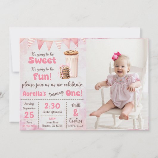ミルクとクッキーの女の子の最初の誕生日パーティーの写真 招待状 (正面)