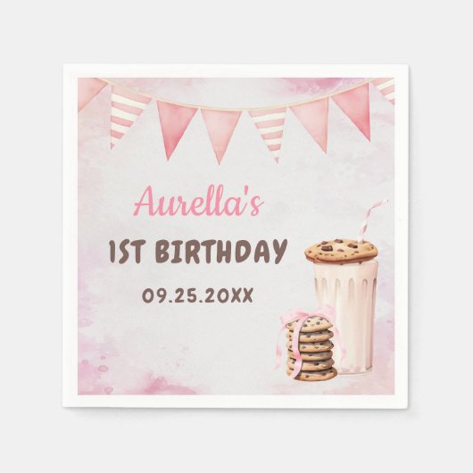 ミルクとクッキーの女の子の最初の誕生日パーティー スタンダードカクテルナプキン (正面)