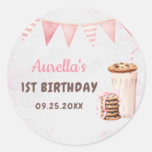 ミルクとクッキーの女の子の最初の誕生日パーティー ラウンドシール (正面)