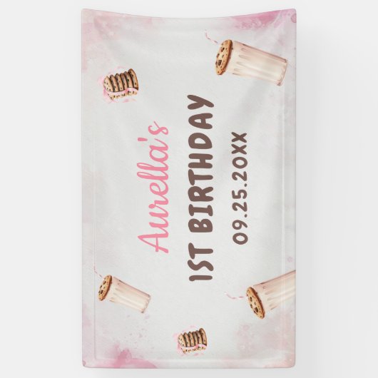 ミルクとクッキーの女の子の最初の誕生日パーティー 横断幕 (縦)